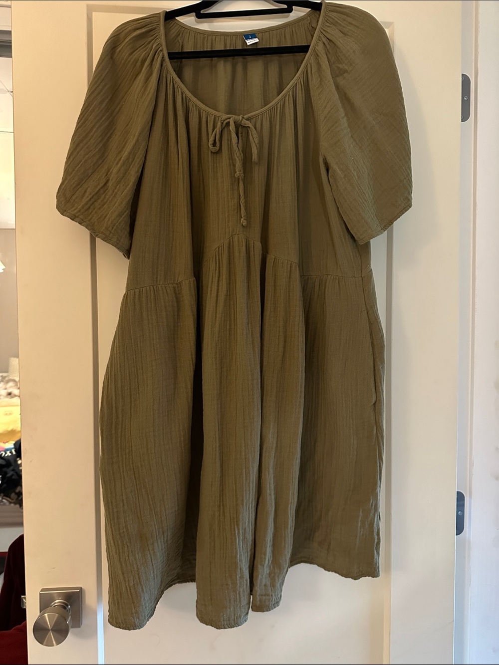 Old Navy Olive Green Tiered Midi Dress with Tie Neck